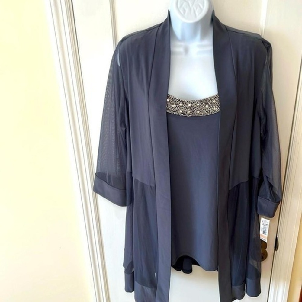 NWT Mesh Jacket Beaded Embellished Top Women's 14W Grey Formal Party